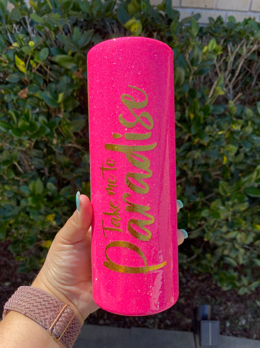 20 oz "Take me to Paradise" Hot Pink Gold Beach Vibes Double Wall Stainless Steel Tumbler RTS Ready to Ship