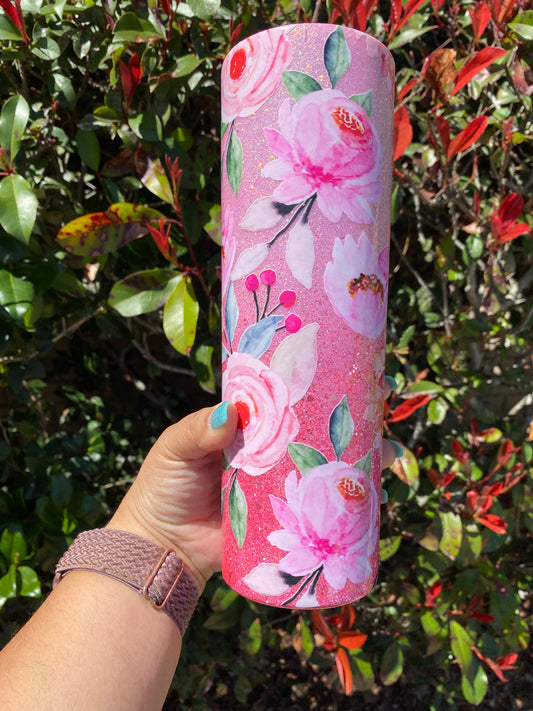 30 oz Pink Floral Glitter Double Wall Stainless Steel Tumbler