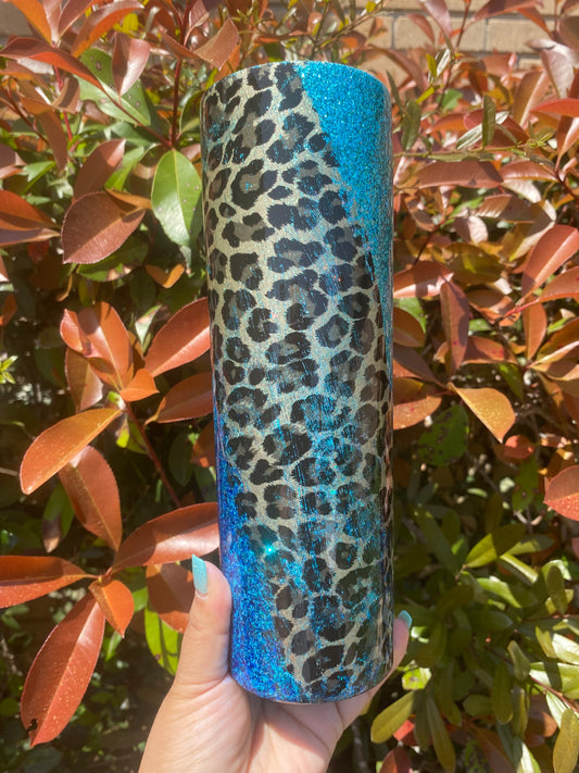 30 oz Teal and Leopard Double Wall Stainless Steel Tumbler RTS Ready to Ship