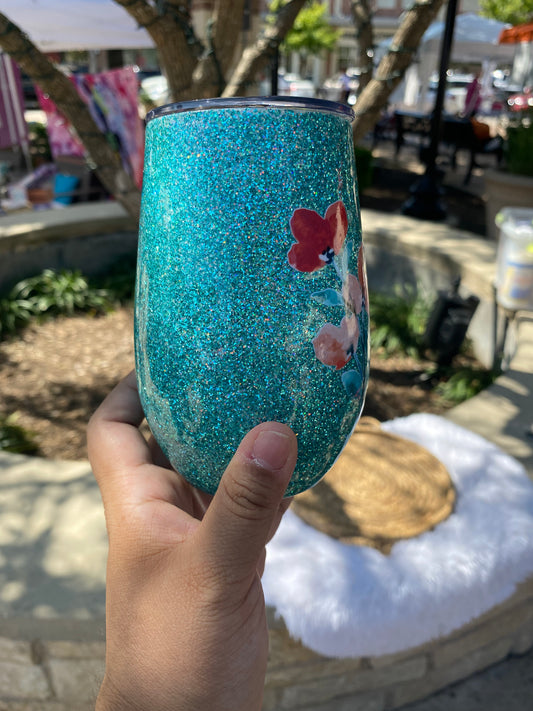 14 oz Teal Flowers Double Wall Stainless Steel Wine Tumbler RTS Ready to Ship