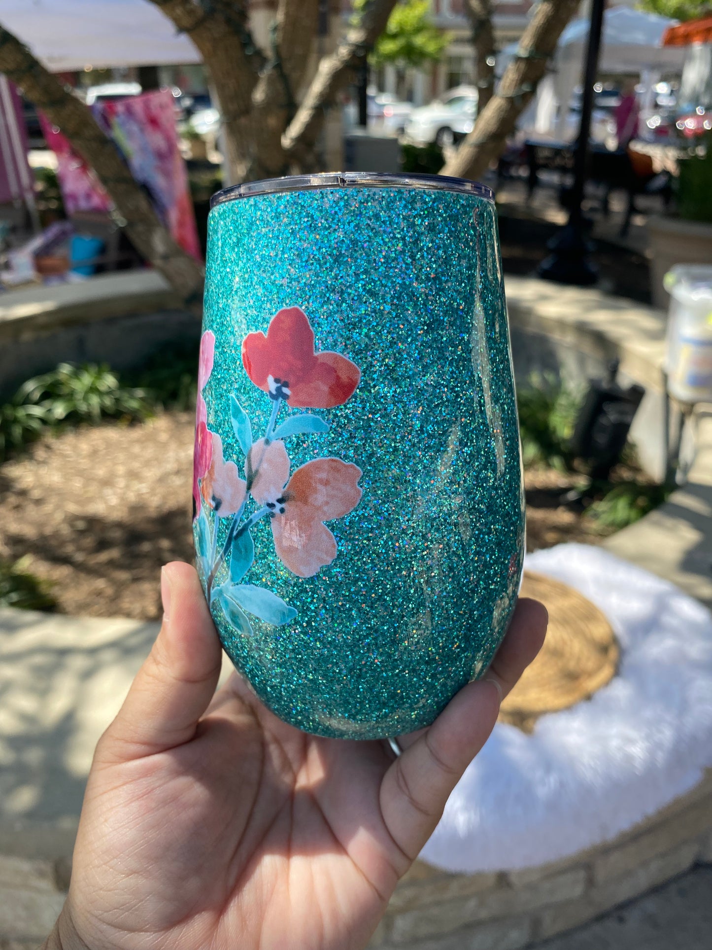 14 oz Teal Flowers Double Wall Stainless Steel Wine Tumbler RTS Ready to Ship